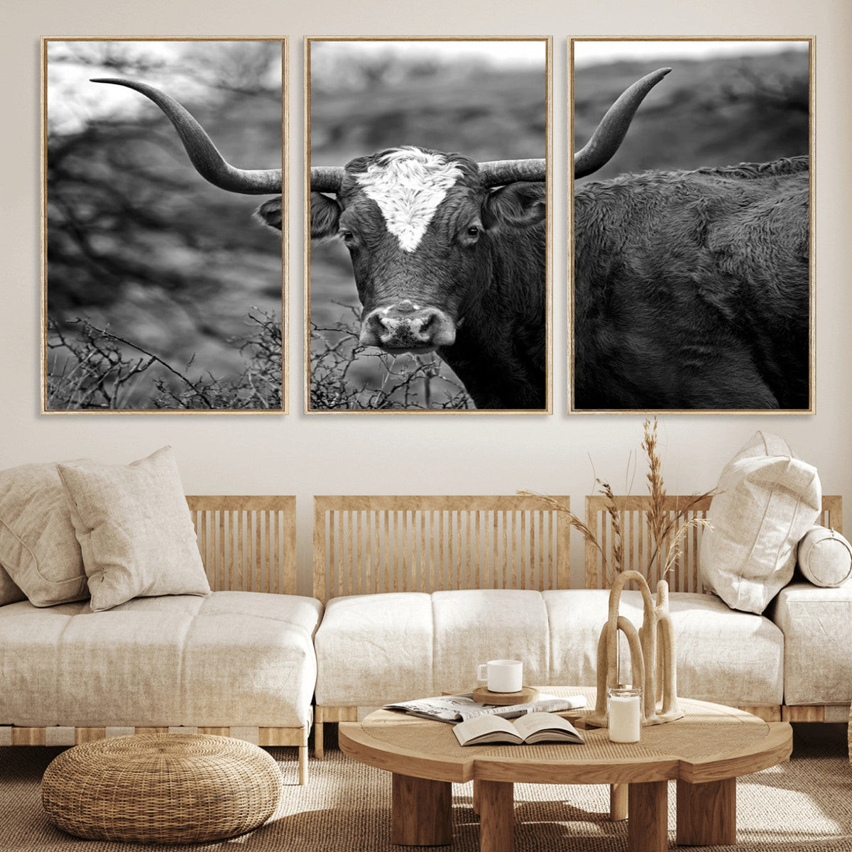 Western Home Wall Art Canvas Print, Framed Texas Longhorn