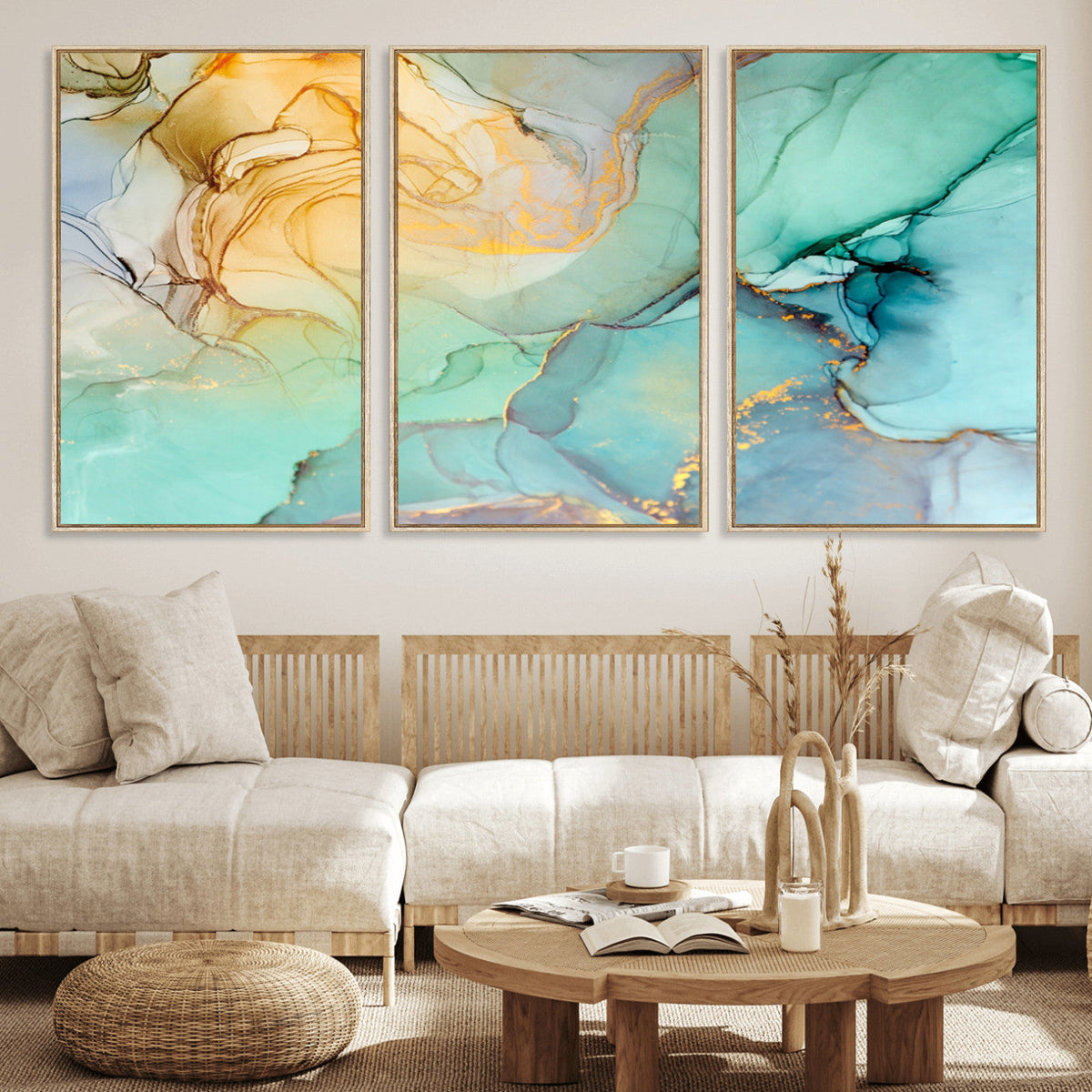 Abstract Aqua and Gold Fluid Wall Art Canvas | 3 Panel Large