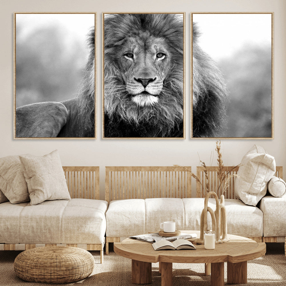Black and White Lion Canvas Wall Art – Animal Print Artwork