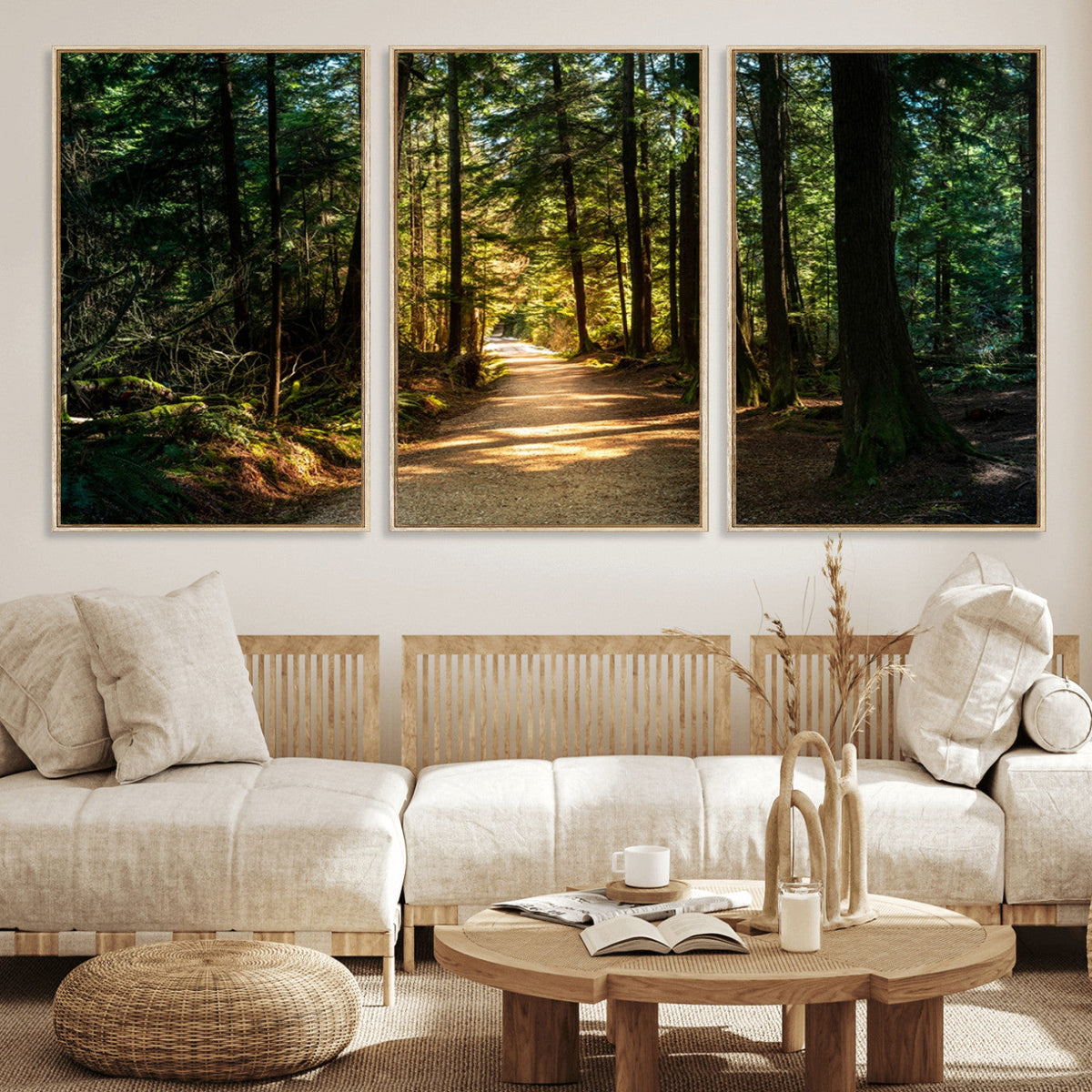 Sunlit Forest Pathway Canvas Print | 3 Panel Large Nature