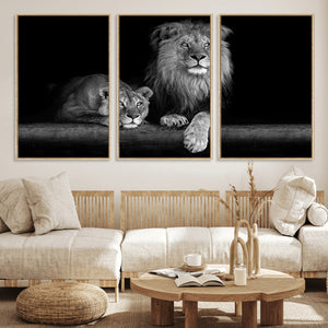 Large Black and White Lion Couple Wall Art Canvas Print –