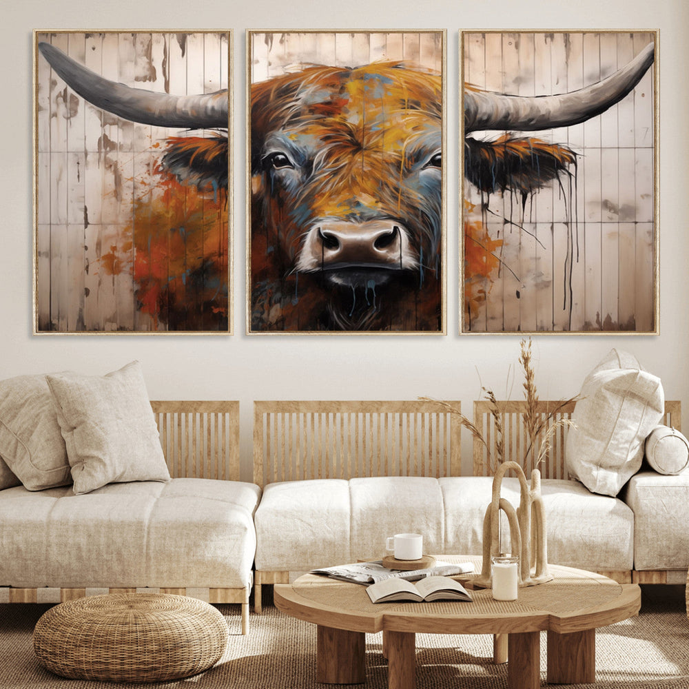 Scottish Highland Cow Cattle Art Print on Wood Style
