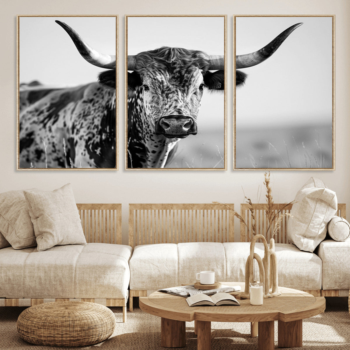 Texas Highland Cow Longhorn Canvas Print - Rustic Farmhouse