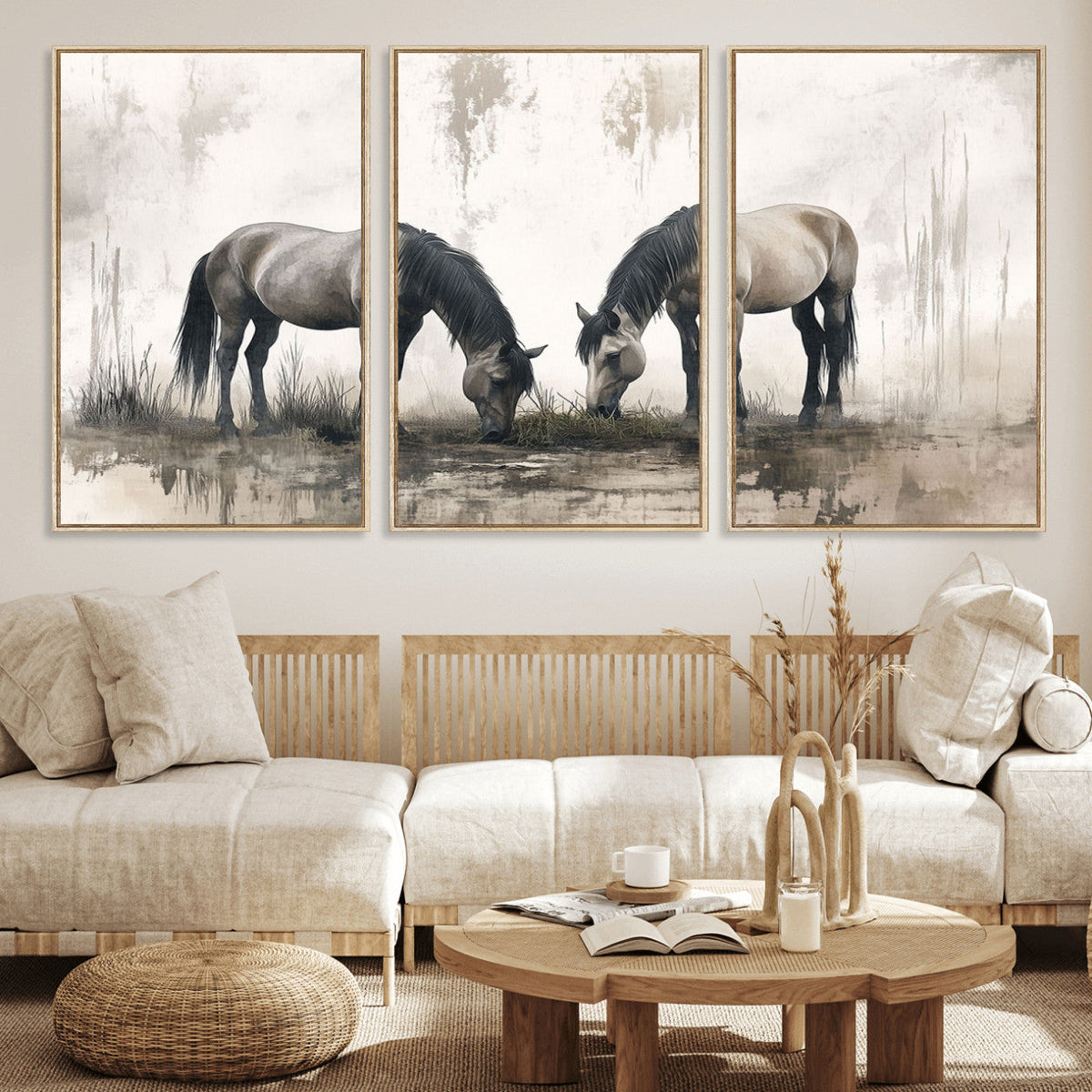 Chines Ink Style Vintage Horses Wall Art Canvas Print for