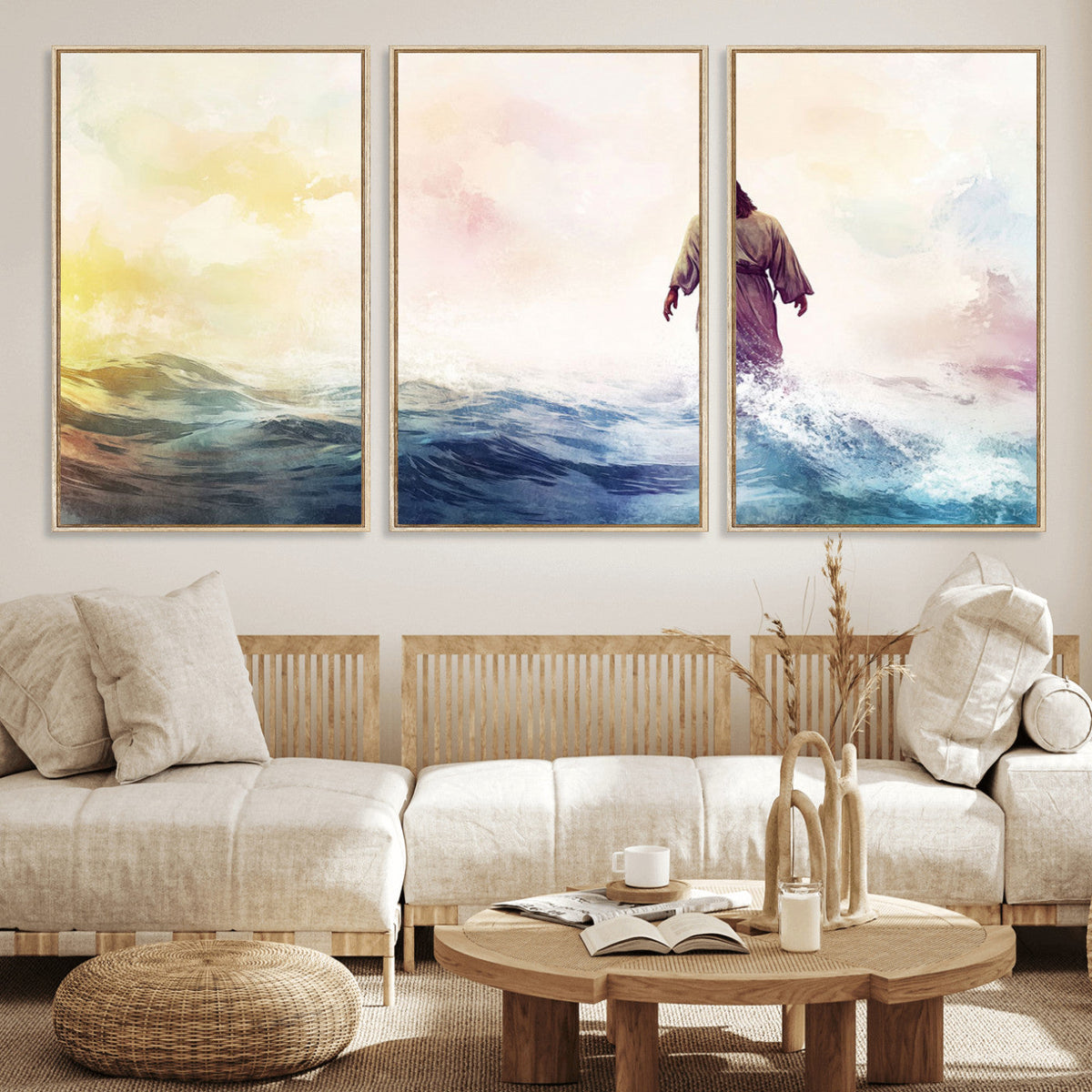 Watercolor Jesus Walking on Water Canvas Print, Christian