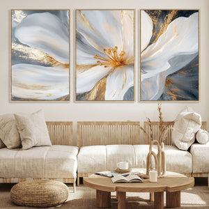 White and Gold Floral Canvas Wall Art - Framed and Ready to
