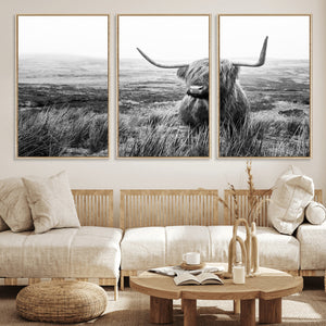 Scottish Highland Cow Wall Art | Black and White Canvas