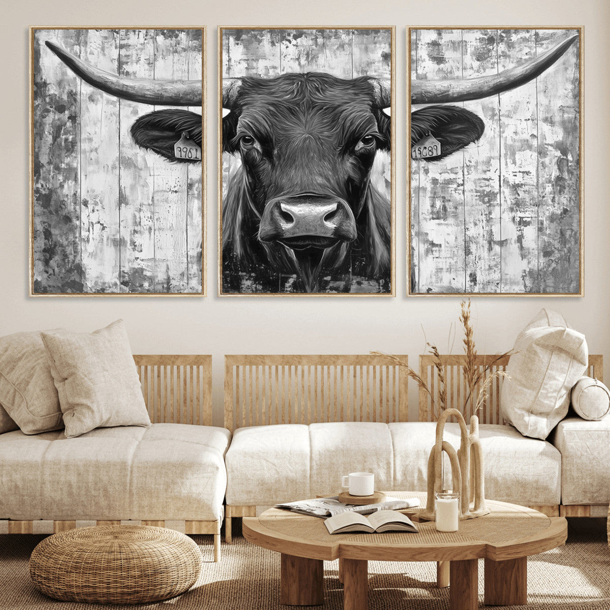 Abstract Longhorn Bull Wall Art Canvas Print - Rustic Texas