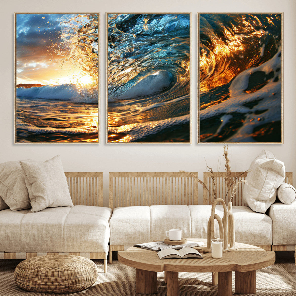 Ocean Wave at Sunset Canvas Wall Art – Vibrant Coastal Beach