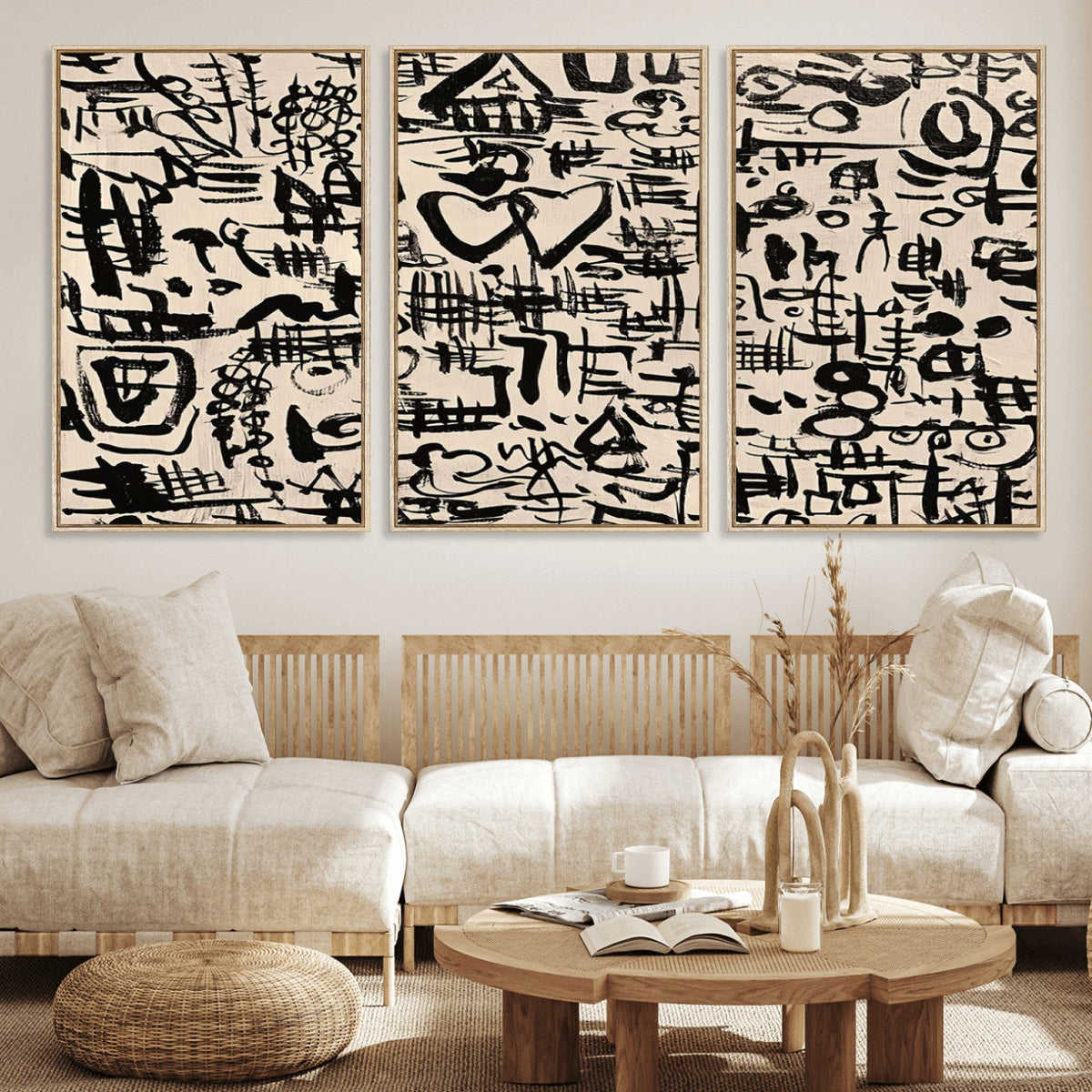 Abstract Love and Chaos Canvas Print, Black Symbols on Beige