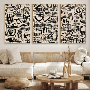 Abstract Love and Chaos Canvas Print, Black Symbols on Beige
