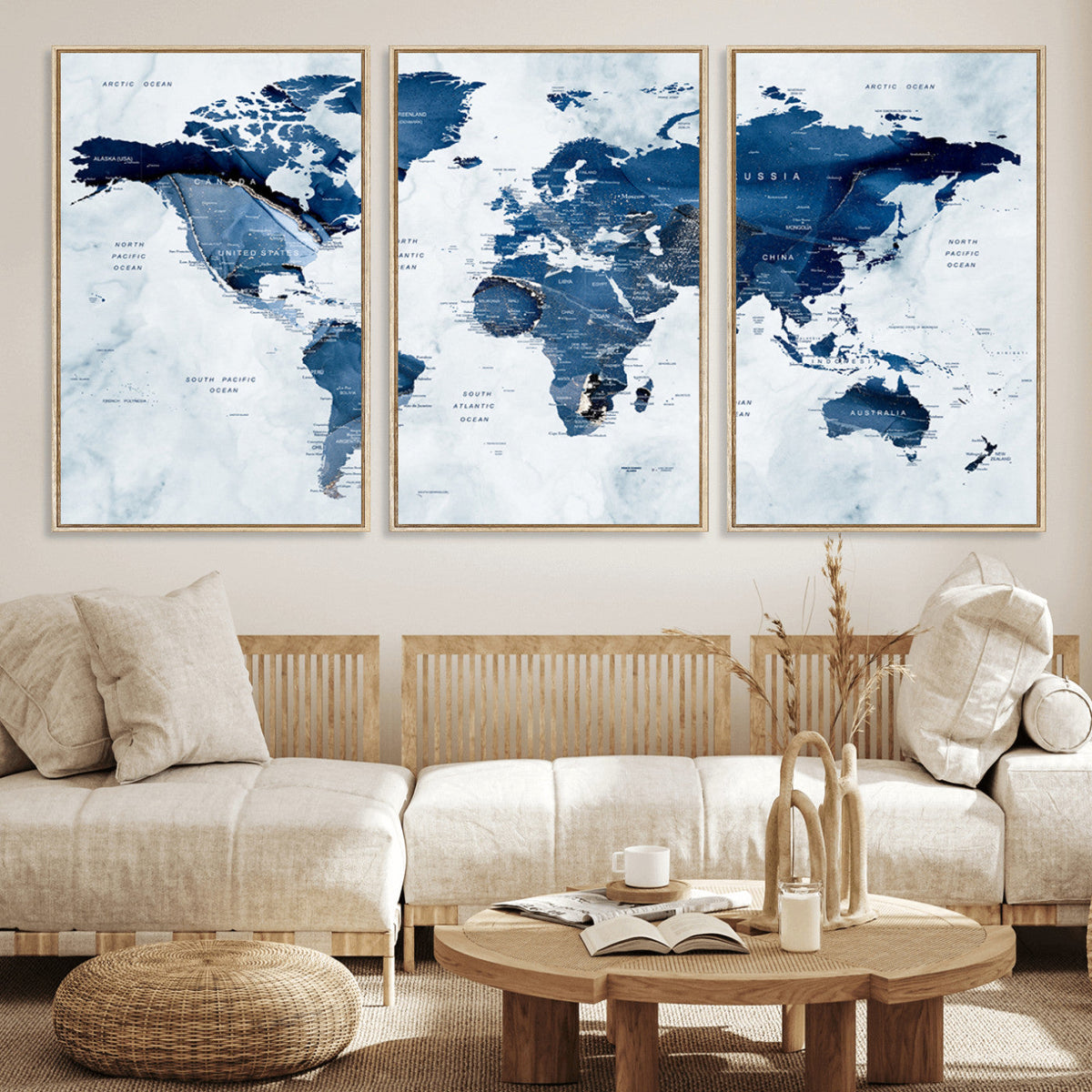 Modern Blue World Map Canvas Print – Framed Wall Art,