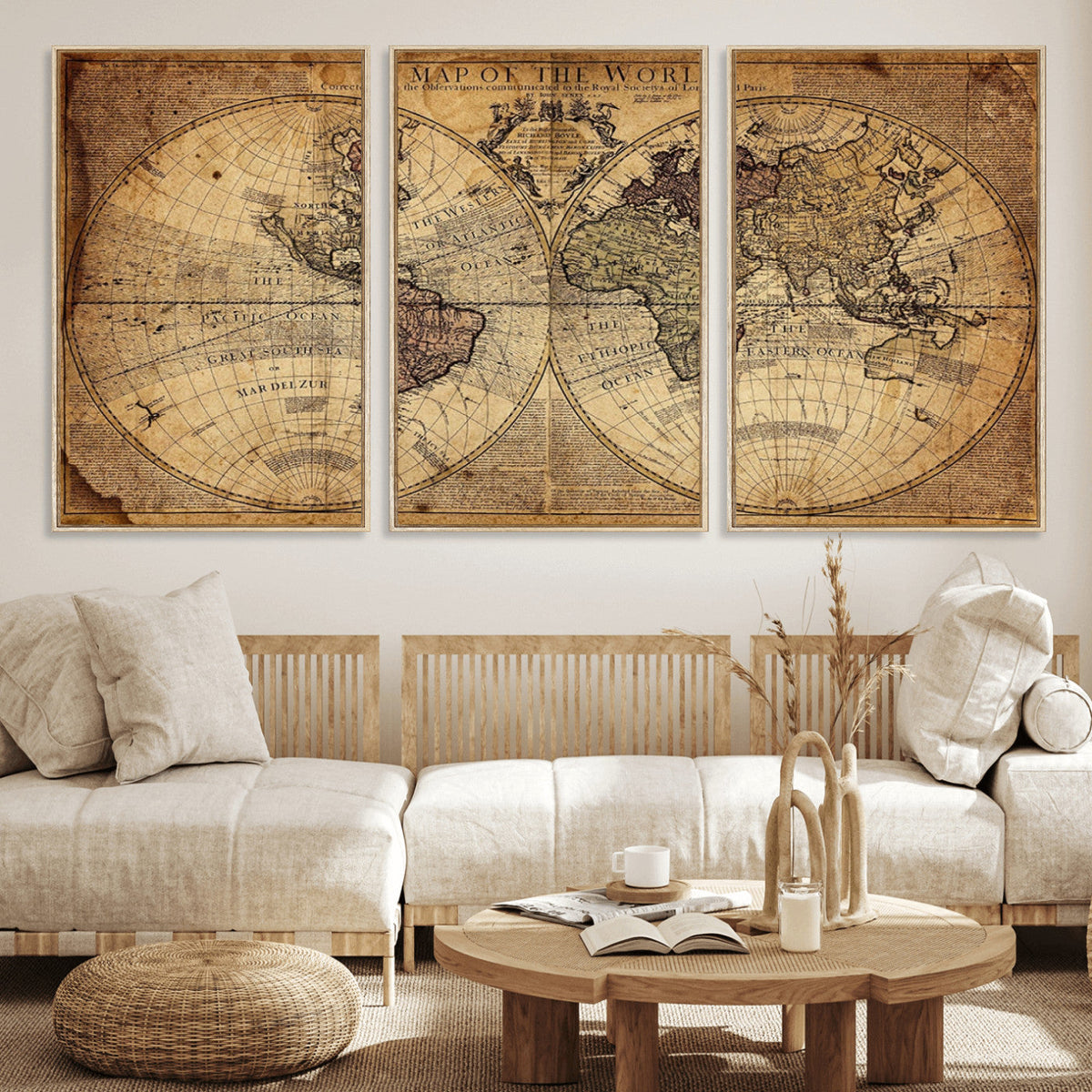 Vintage World Map Wall Art Canvas – Antique Style Push Pin