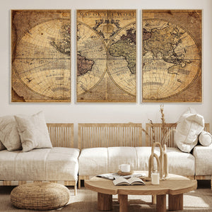 Vintage World Map Wall Art Canvas – Antique Style Push Pin