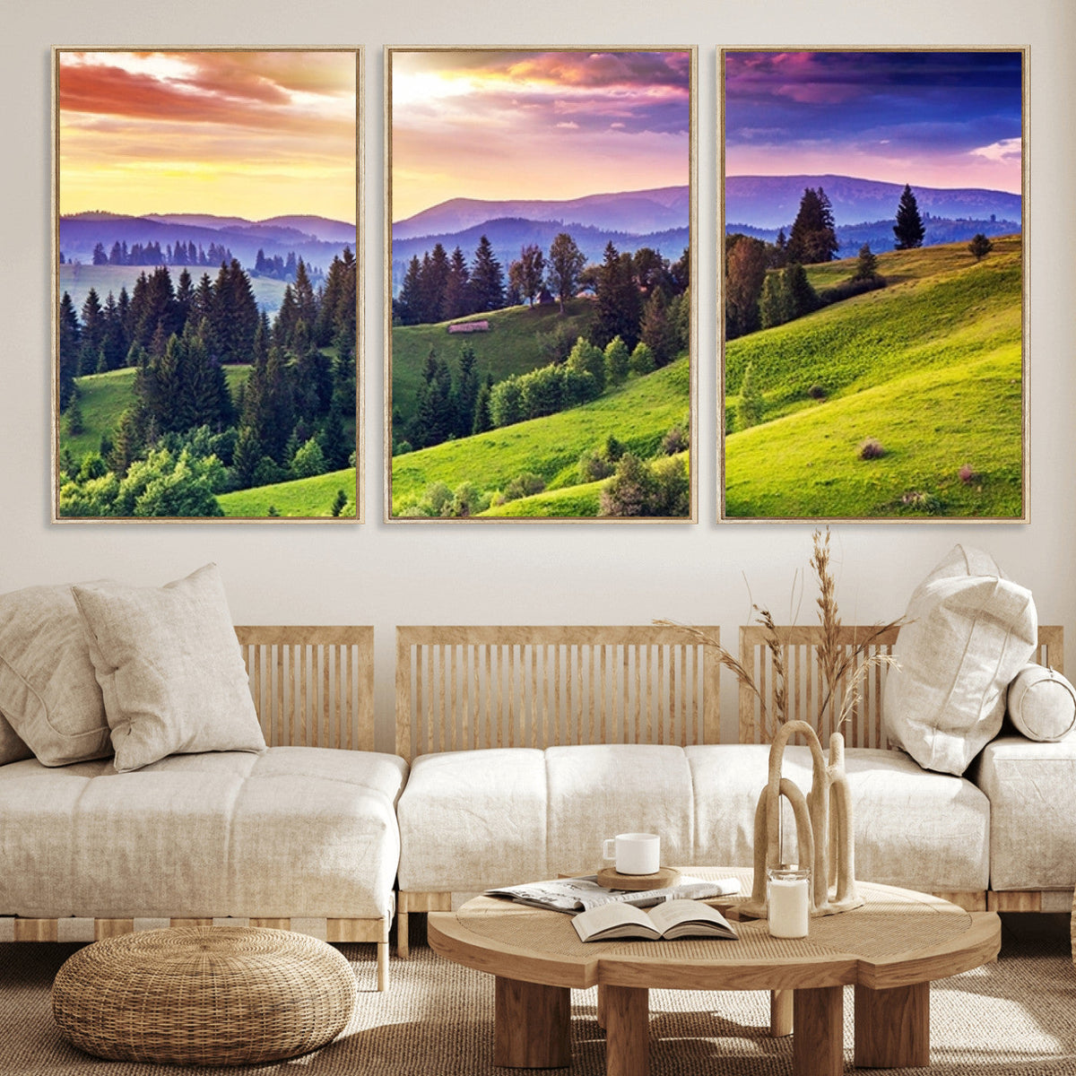 Green Hills and Sunset Wall Art Print - Scenic Landscape