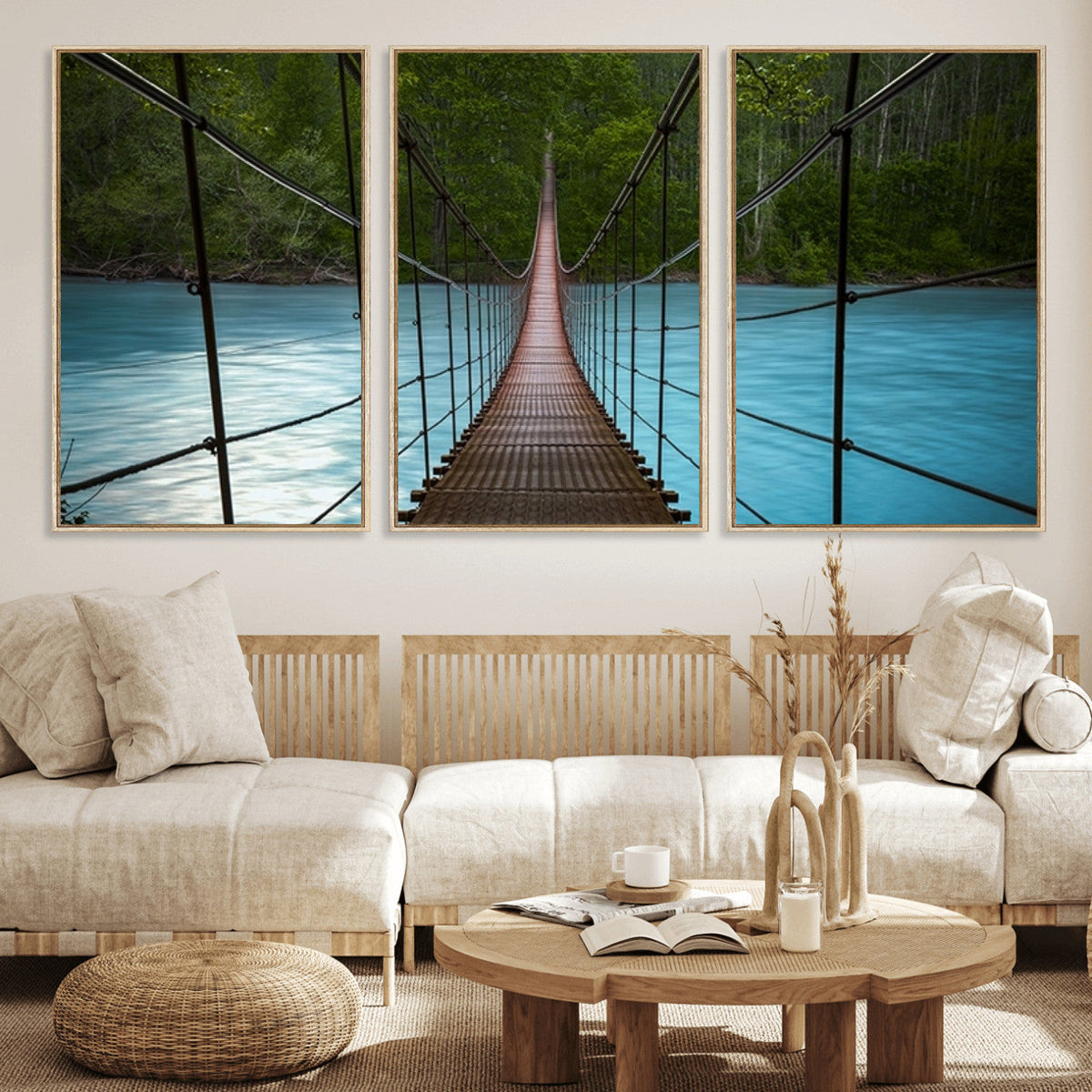 Suspension Bridge Over River Canvas Art | 3-Panel Nature