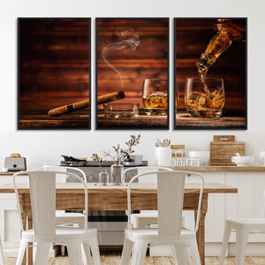 Whiskey and Cigar Wall Art Canvas | 3 Panel Bar Room Decor