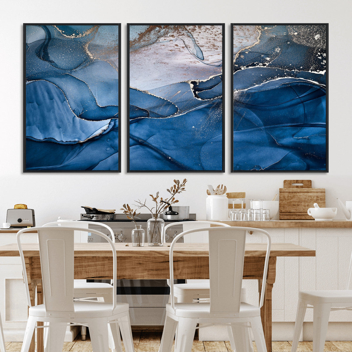 Navy Blue Canvas Art Abstract Print – Elegant Triptych
