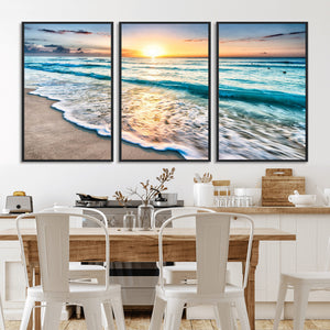Sunset Beach Waves Canvas Wall Art – 5-Panel Ocean Sunset