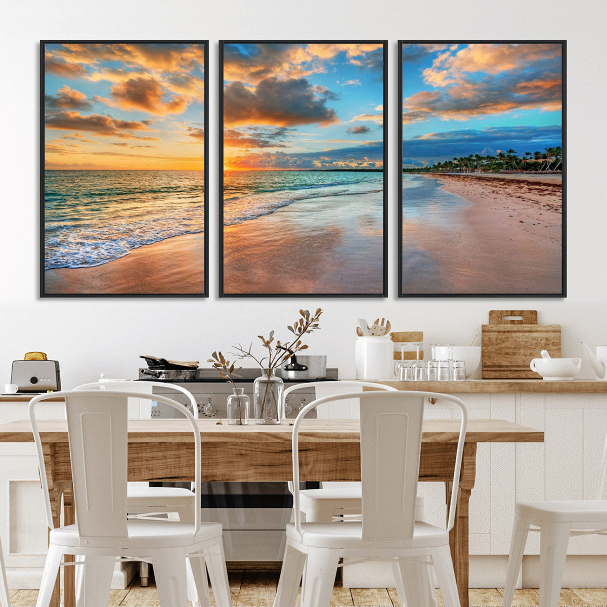 Sunset Ocean Waves on Tropical Beach, 3-Panel Giclee Canvas