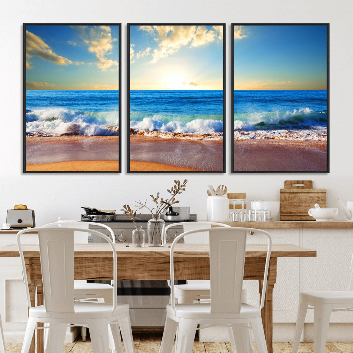 Tropical Beach Sunset Canvas Art, Ocean Waves and Sandy