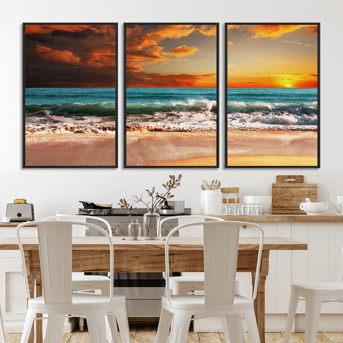 Golden Sunset Beach Canvas Wall Art – Triptych Seascape