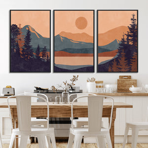 Modern Boho Sunset Canvas Print, Mountain Landscape Triptych