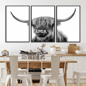 Grayscale Scottish Highland Cow Cattle Art Print Farmhouse