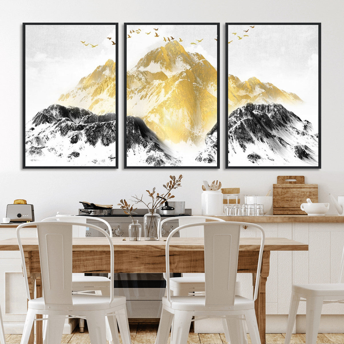 Golden Mountain Triptych Wall Art Canvas Print, Modern