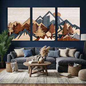 Rustic Abstract Wood Panel Effect Canvas Mountain Range Top