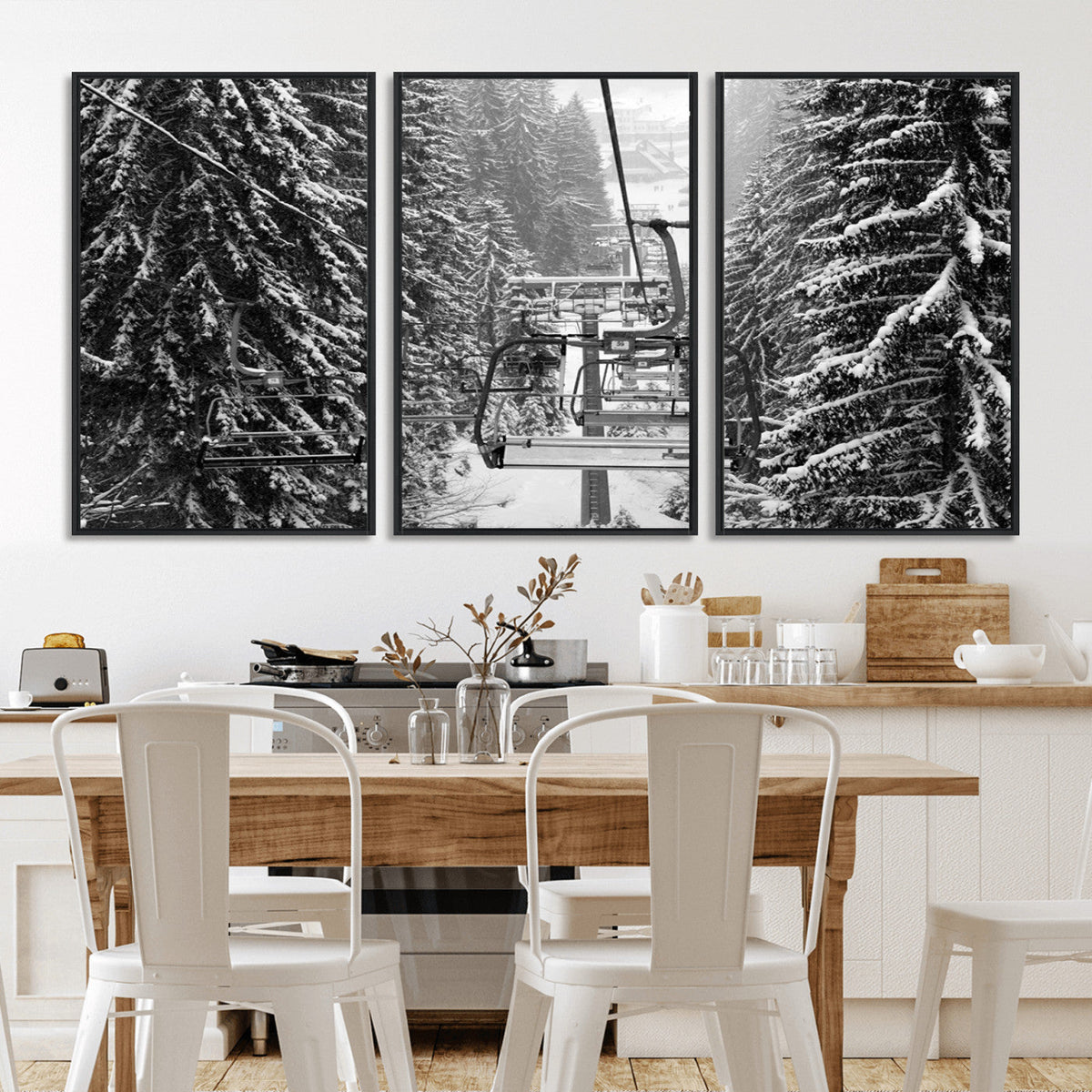 Winter Ski Lift Black and White Canvas Wall Art – Alpine