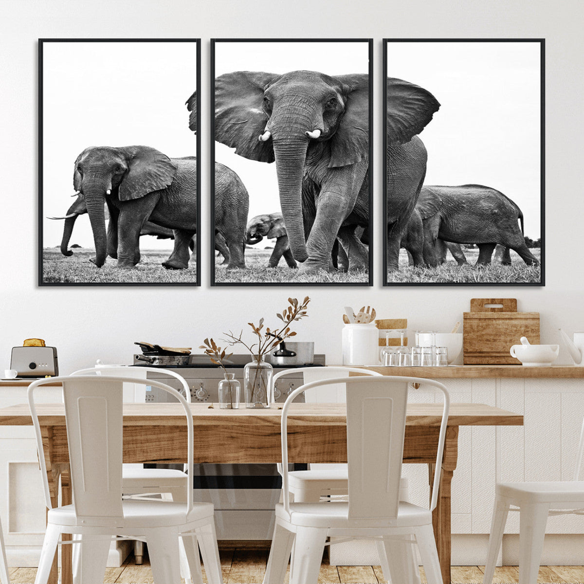 Black White Elephant Family Wall Art Canvas Print