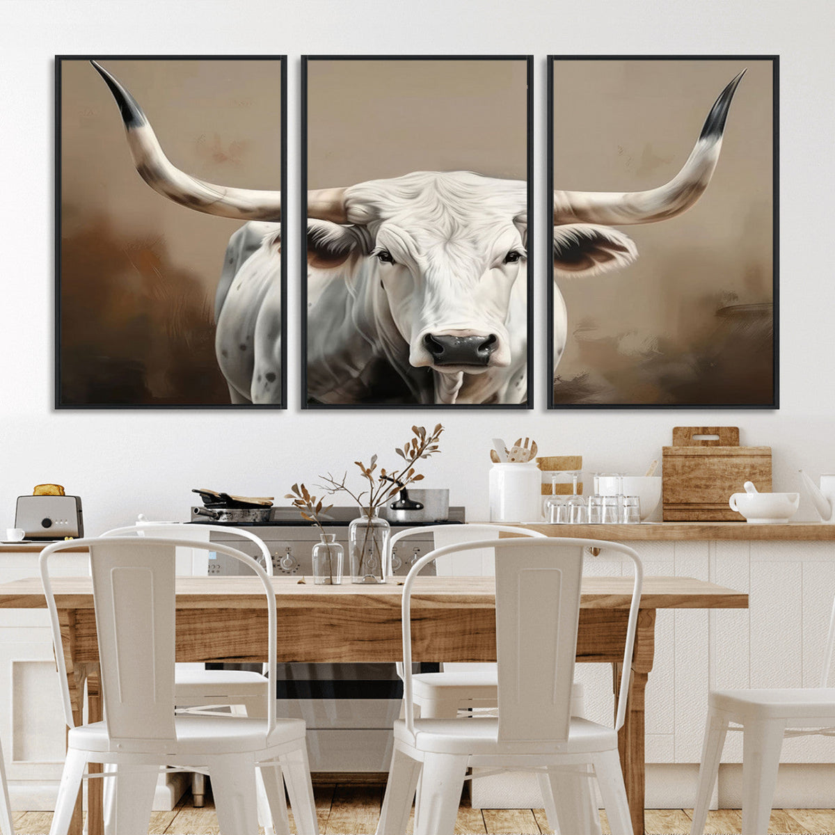 White Longhorn Bull Wall Art Canvas Print – Framed and Ready
