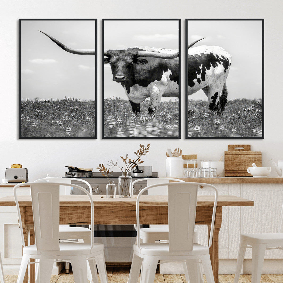 Texas Black White Highland Longhorn Cow Wall Art Canvas