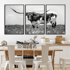 Texas Black White Highland Longhorn Cow Wall Art Canvas