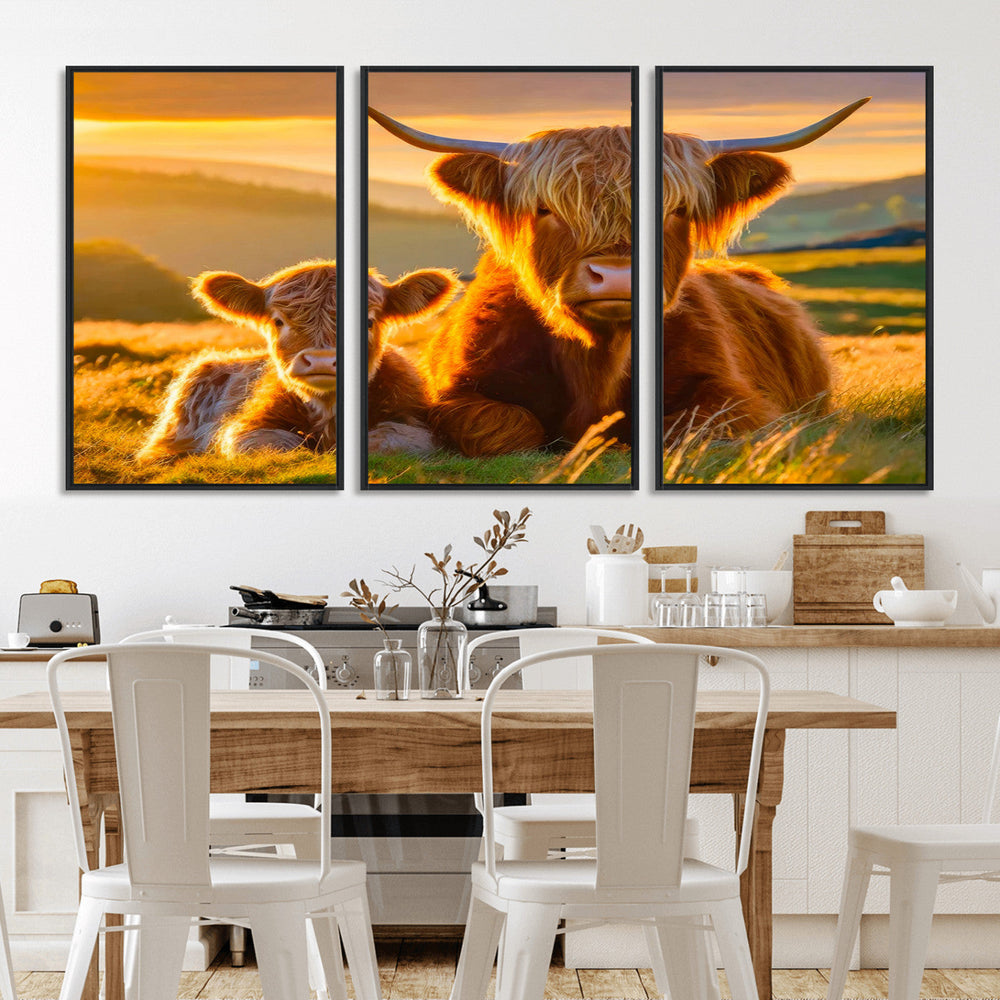 Scottish Cow and Baby Cow Canvas Wall Art Animal Print