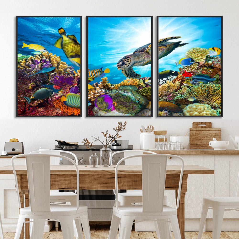 Colorful Coral Reef and Sea Life Turtle Canvas Print,