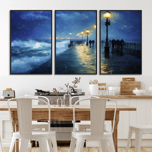 Storm Ocean Pier Canvas Wall Art Print - Large Moody Night