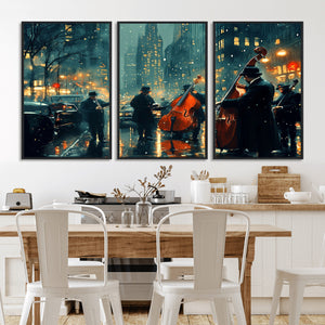 Urban Night Jazz Wall Art Canvas Print – Moody Rain-Soaked