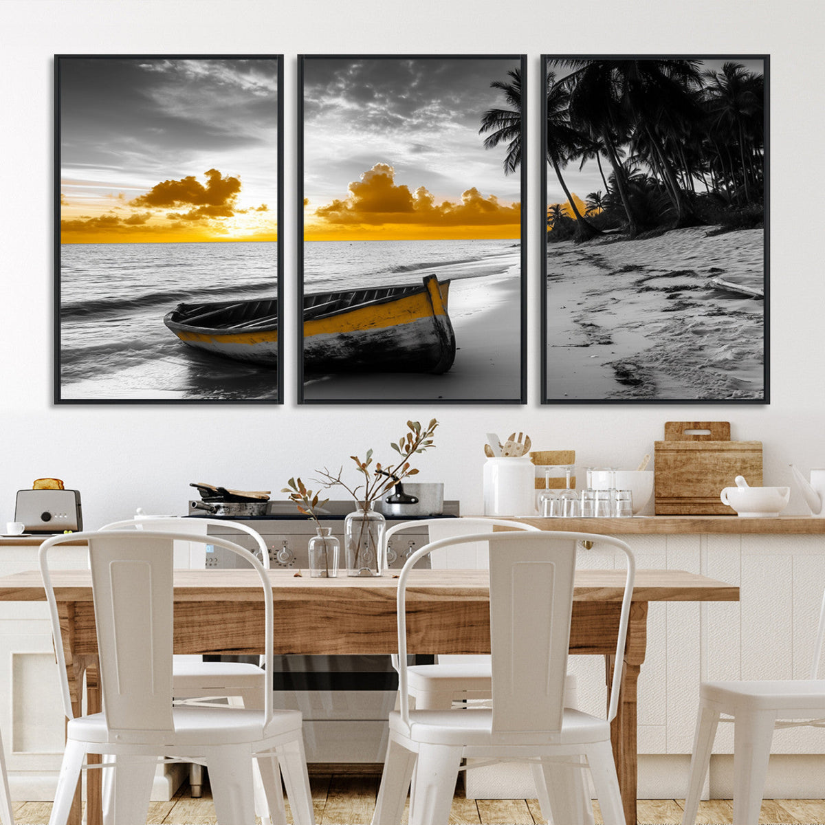 Yellow Rowboat Wall Art – Framed Tropical Shoreline Canvas