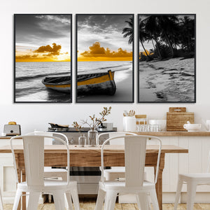 Yellow Rowboat Wall Art – Framed Tropical Shoreline Canvas