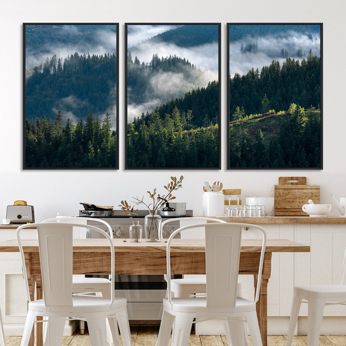 Misty Forest Wall Art Canvas Print, Serene Pine Hills and
