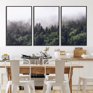 Misty Forest Wall Art Canvas Print, Serene Foggy Pines and