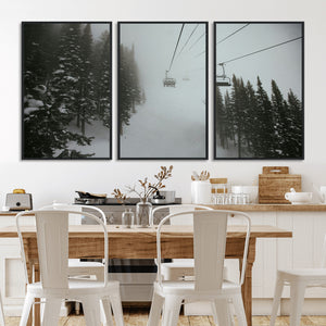 Ski Lift Wall Art Canvas Print – Snowy Pines Misty Landscape