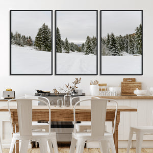 Frosty Pines Wall Art Canvas Print – Framed Silent Snowfall