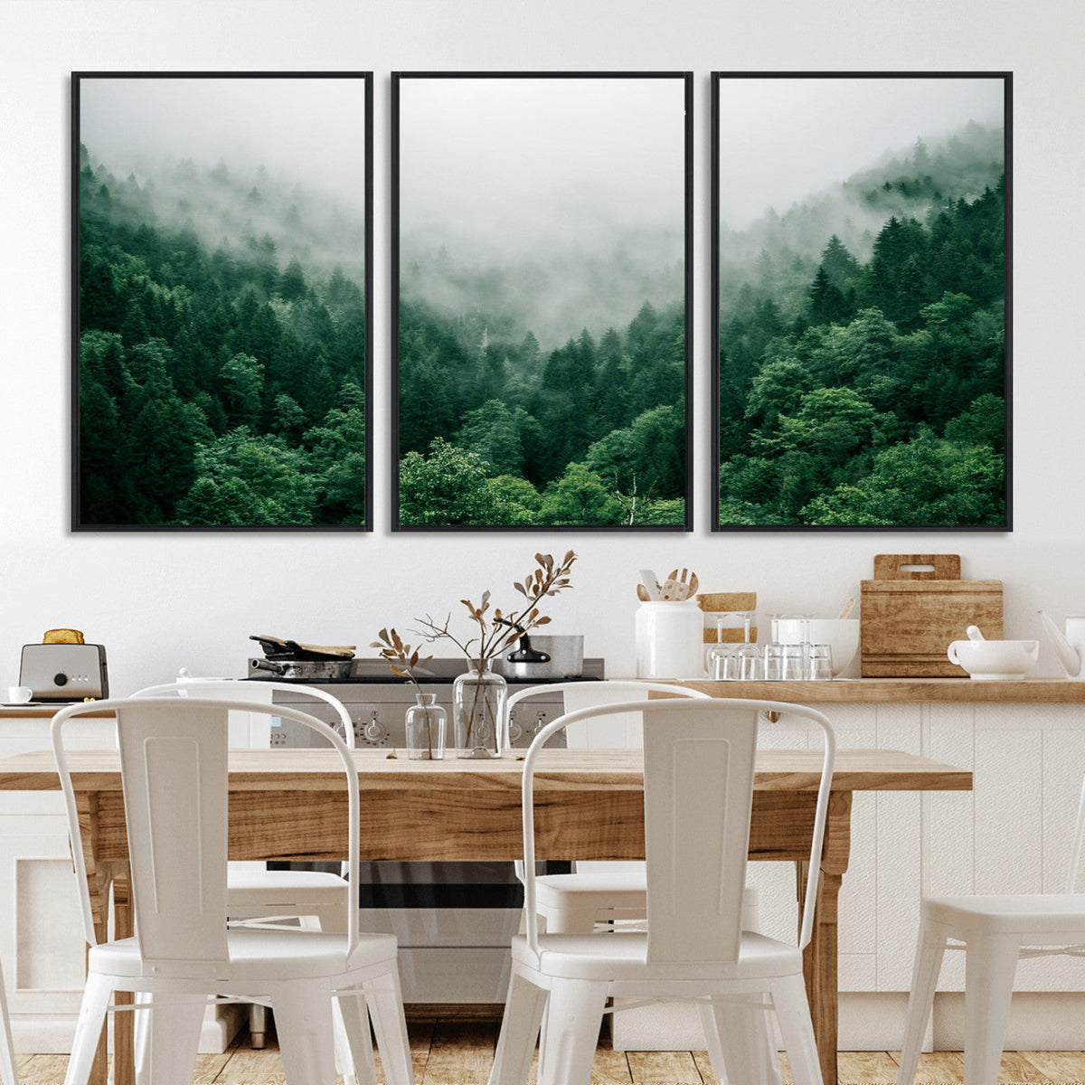 Misty Green Forest Canvas Print – Framed Serene Foggy Pine