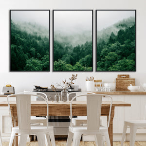 Misty Green Forest Canvas Print – Framed Serene Foggy Pine