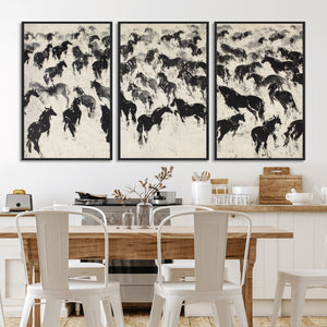 Wild Horse Stampede Wall Art Canvas Print – Monochrome