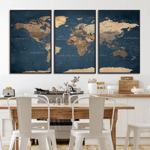 Navy Blue World Map Canvas Print – Framed Travel Map Wall