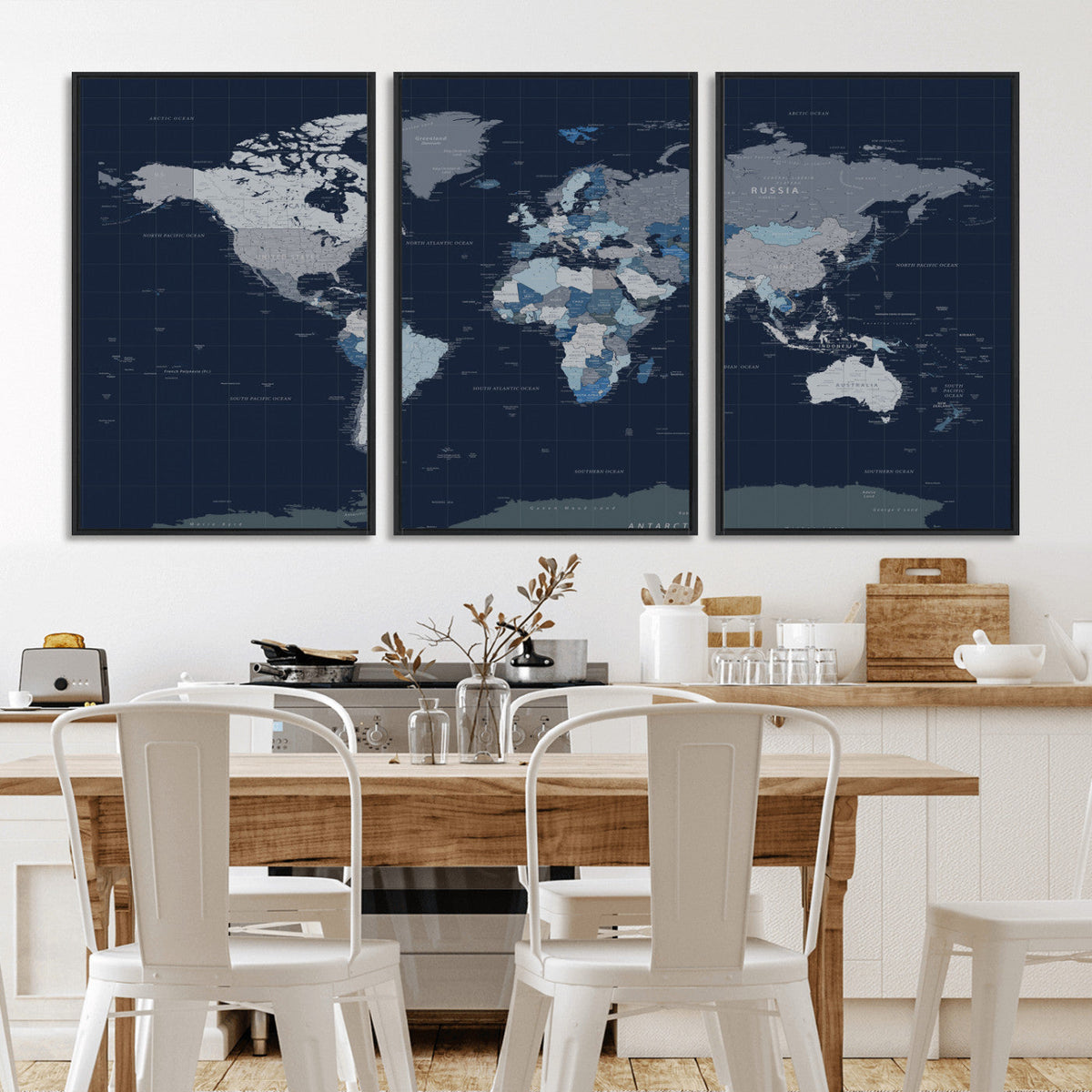 Blue Detailed World Map Wall Art Canvas Print, Modern Framed